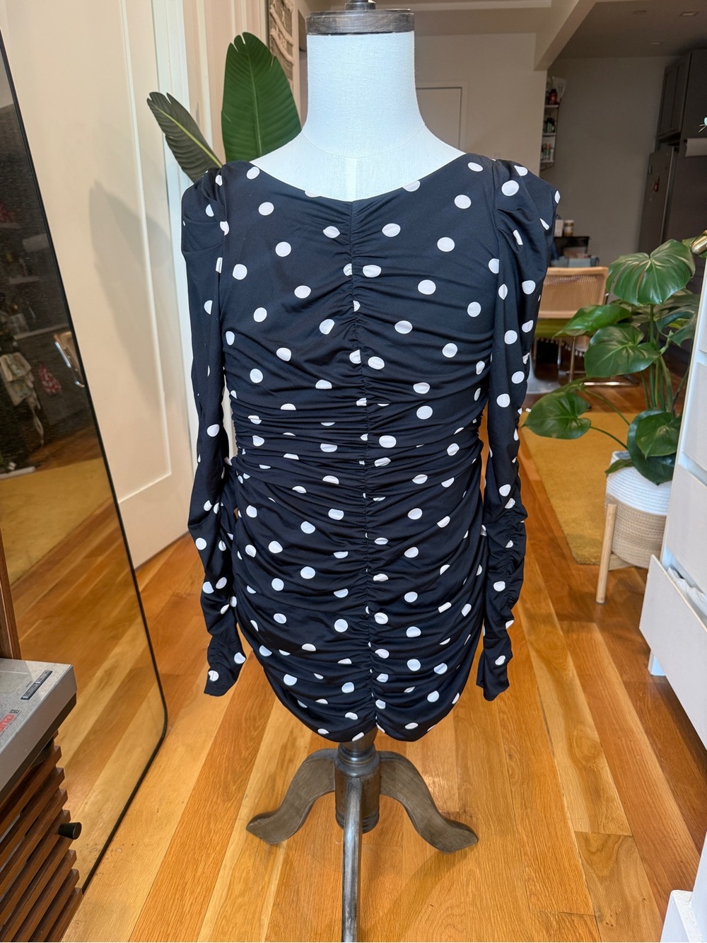 H&M Black & White Polka Dot Ruched Mini Dress